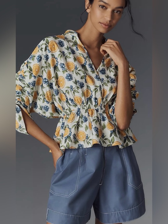Maeve Tops - Maeve Short-Sleeve Ruched Peplum Blouse Sz M